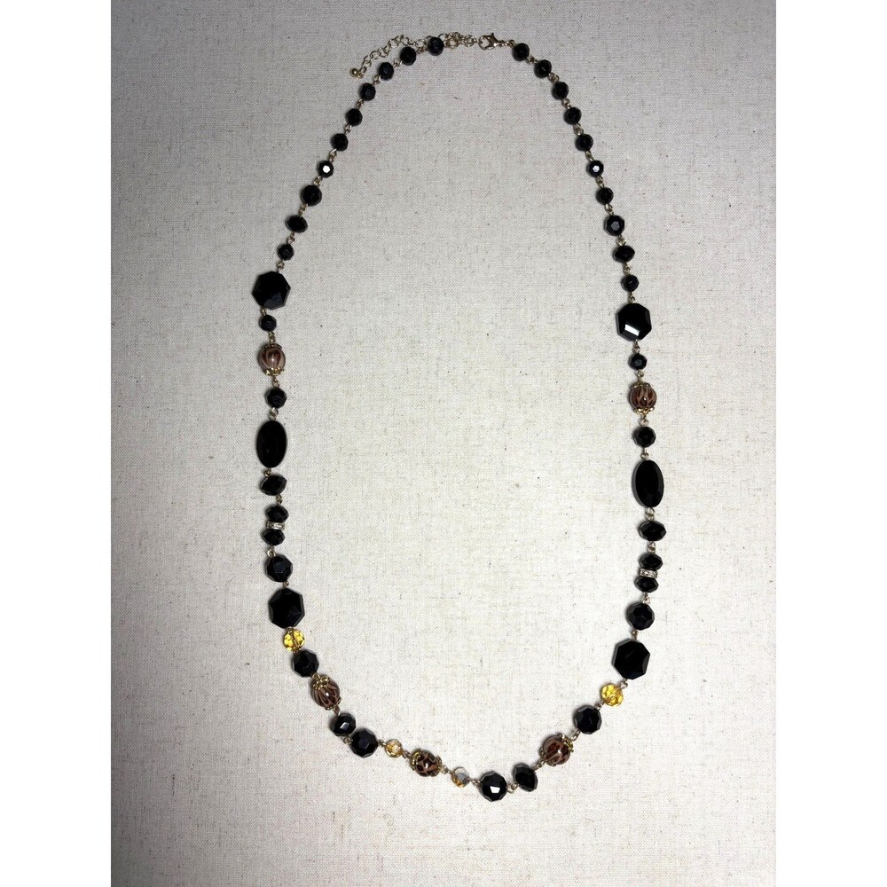 Vintage Necklace Black Beaded Animal Print Gold tone glam estate belt 37"